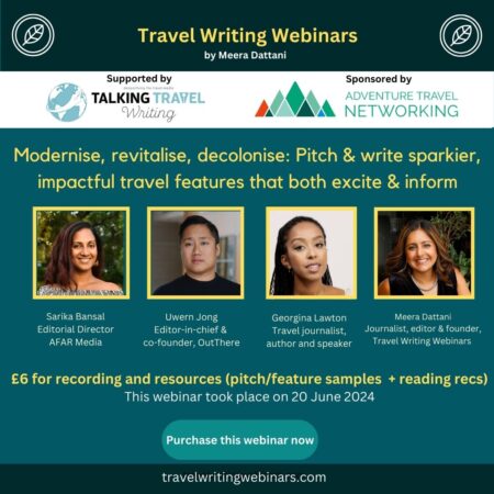 A webinar graphic showing four panellists for a webinar about modernising travel writing