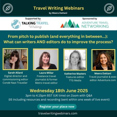 Graphic for a webinar called From pitch to publish with four images of four travel editors and journalists