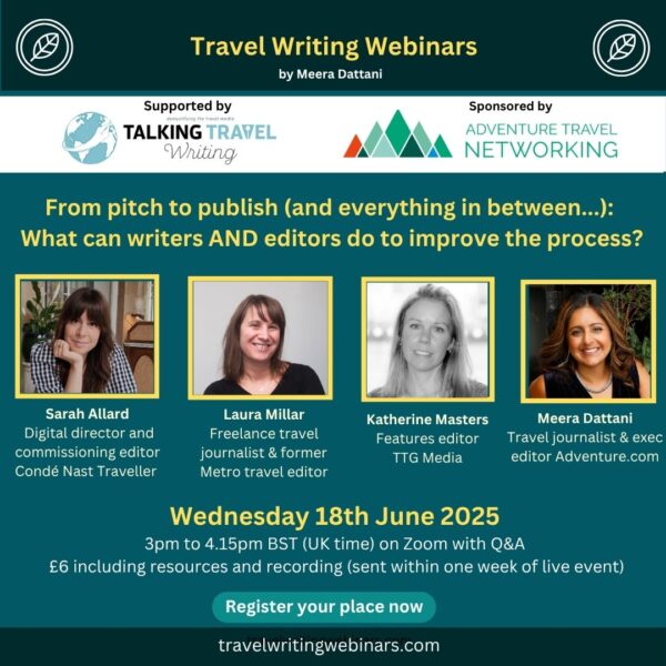 Graphic for a webinar called From pitch to publish with four images of four travel editors and journalists