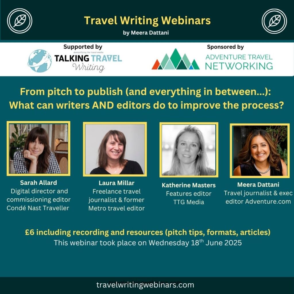 Graphic for a webinar called From pitch to publish with four images of four travel editors and journalists