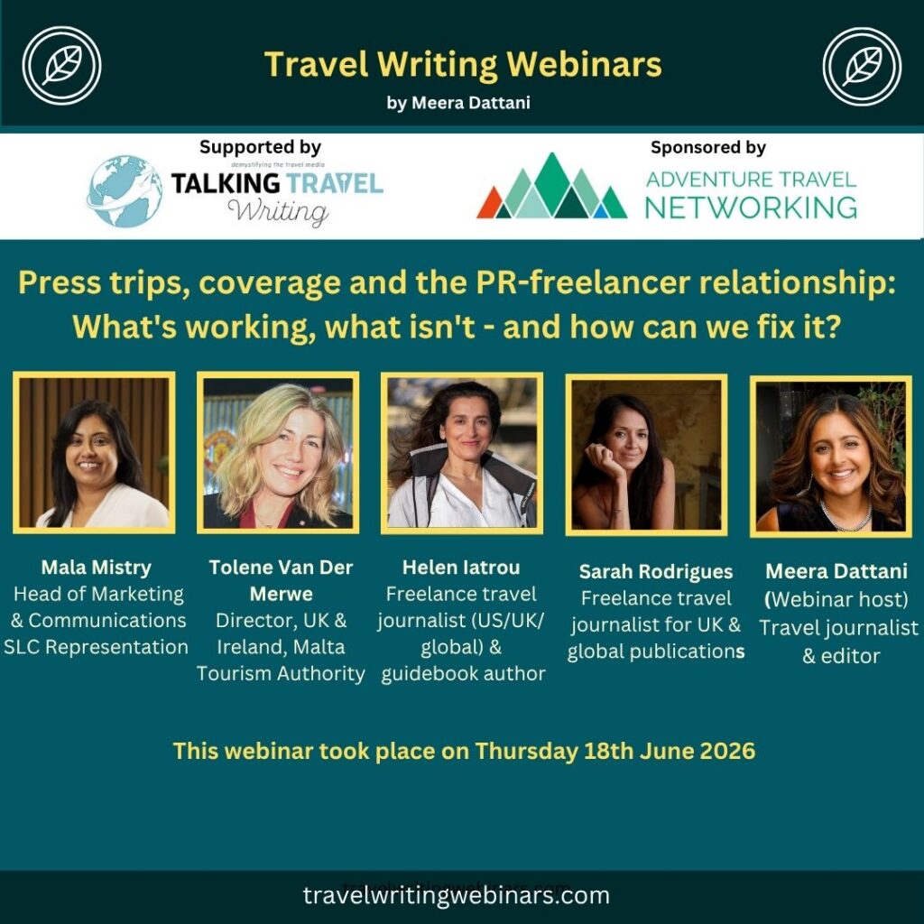 Graphic for a webinar called 'Press trips, coverage and the PR-freelancer relationship' showing five panellists and details of the event.