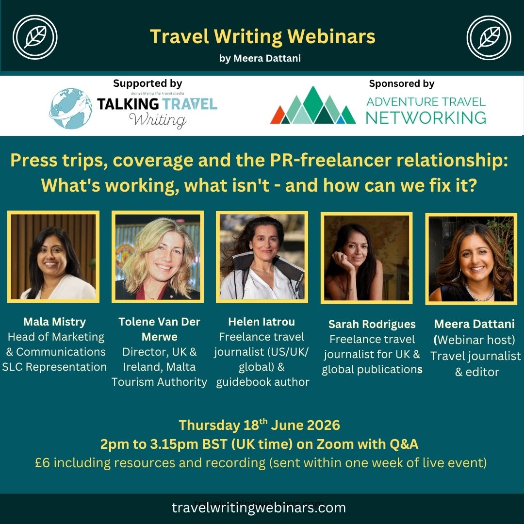 Graphic for a webinar called 'Press trips, coverage and the PR-freelancer relationship' showing five panellists and details of the event.